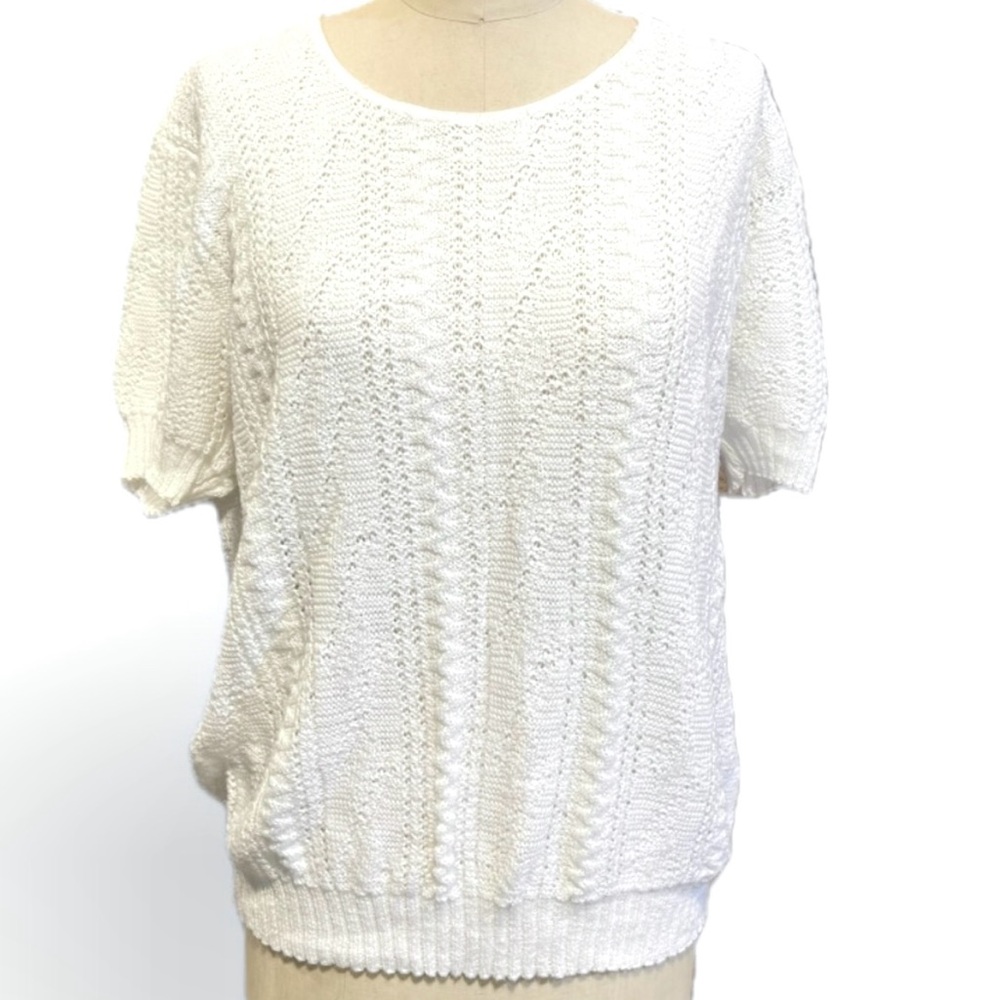 Vintage 60s Glamour Knit white scoop neck short sleeve sweater cable‎ knit